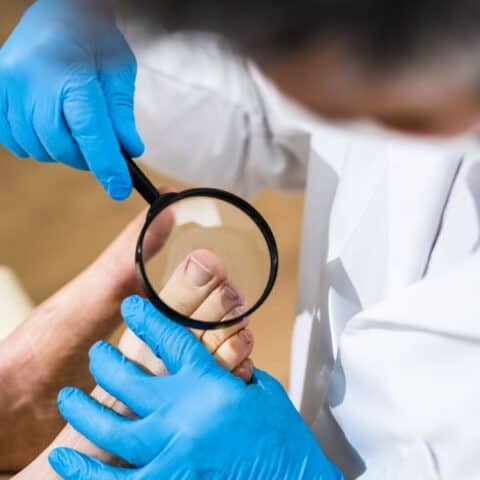 A doctor examining a toenail using a magnifying glass looking for a black spot under toenail.